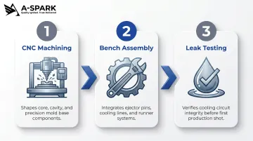 Three-stage injection mold fabrication process from CNC machining to leak testing