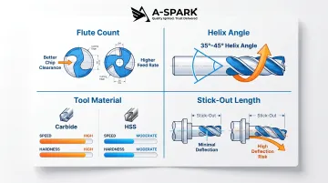 CNC end mill tool selection guide flute count helix angle material and stick-out parameters