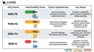 Aluminum alloy CNC milling comparison chart 6061 7075 2024 5052 machinability ratings