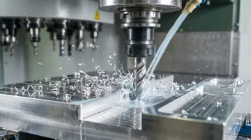 CNC machining center spindle milling aluminum workpiece with coolant flood visible