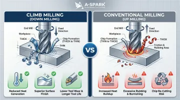 Climb milling versus conventional milling chip thickness and heat comparison infographic