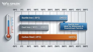 Ductile iron versus cast iron versus carbon steel operating temperature range comparison