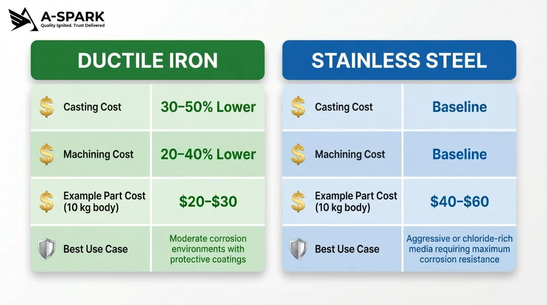 Ductile iron versus stainless steel valve housing cost and performance comparison infographic