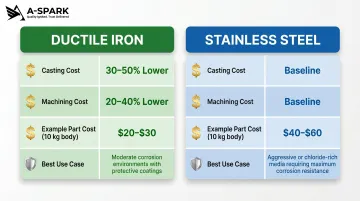 Ductile iron versus stainless steel valve housing cost and performance comparison infographic