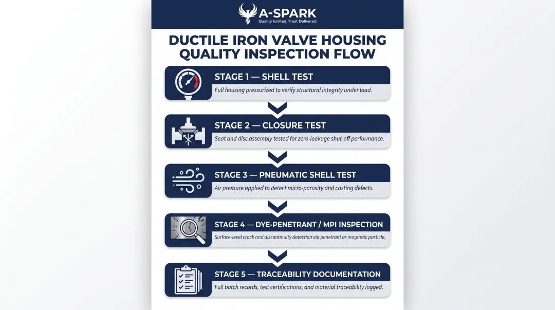 Five-step ductile iron valve housing quality inspection and pressure testing sequence
