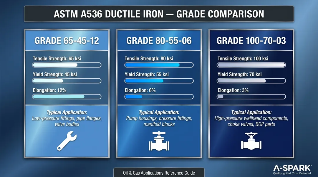 ASTM A536 ductile iron grade comparison chart tensile yield elongation applications