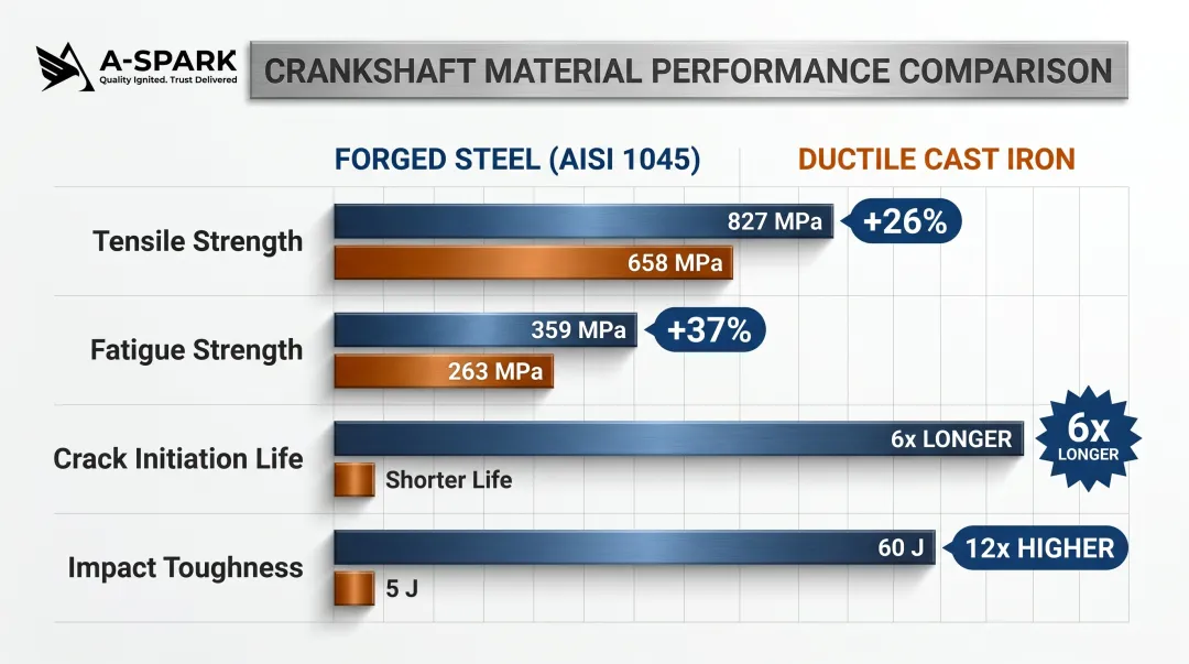 Forged steel versus cast iron crankshaft performance comparison statistics infographic