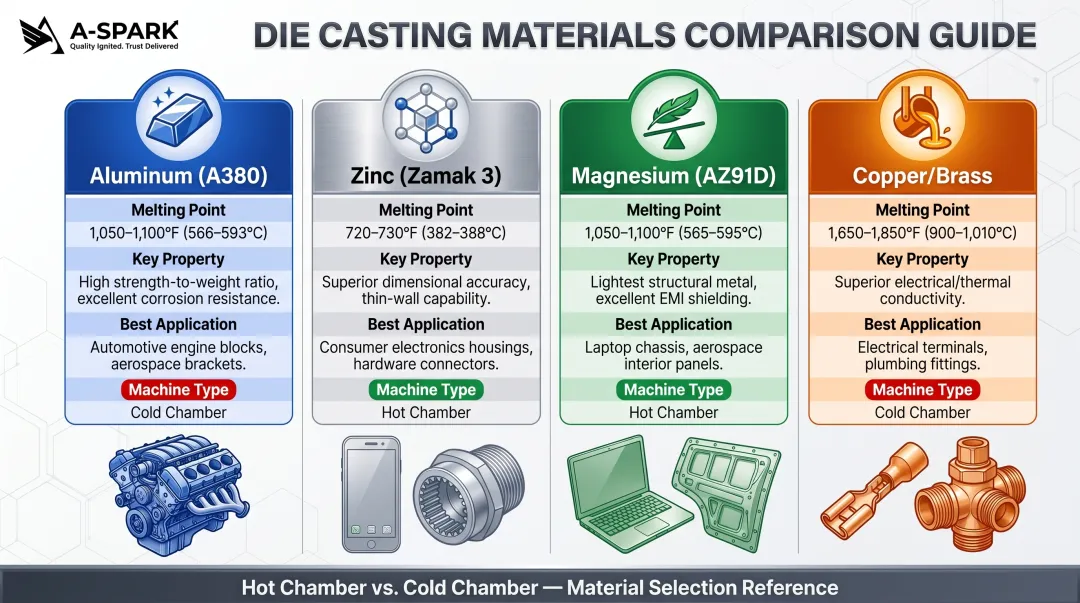 Die casting material comparison chart for aluminum zinc magnesium and copper alloys