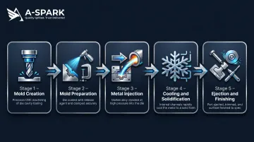 5-step die casting process flow from mold creation to part finishing operations
