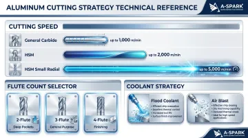 Aluminum CNC machining speeds feeds and coolant strategy reference infographic