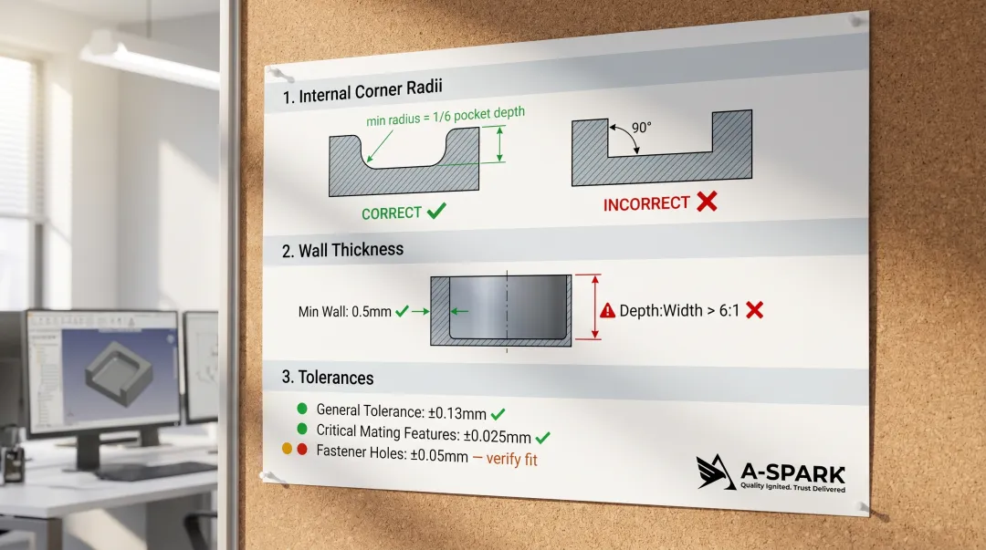 Aluminum CNC part DFM design guidelines corner radius wall thickness tolerances infographic