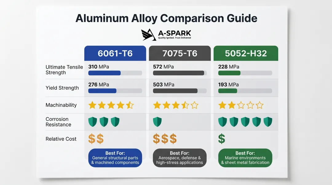 6061 7075 5052 aluminum alloy properties comparison chart for CNC machining