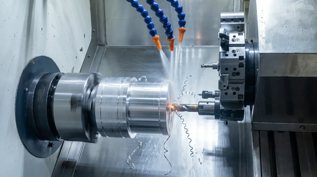 Multi-axis CNC turning center machining aluminum cylindrical component with live tooling
