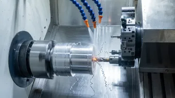 Multi-axis CNC turning center machining aluminum cylindrical component with live tooling