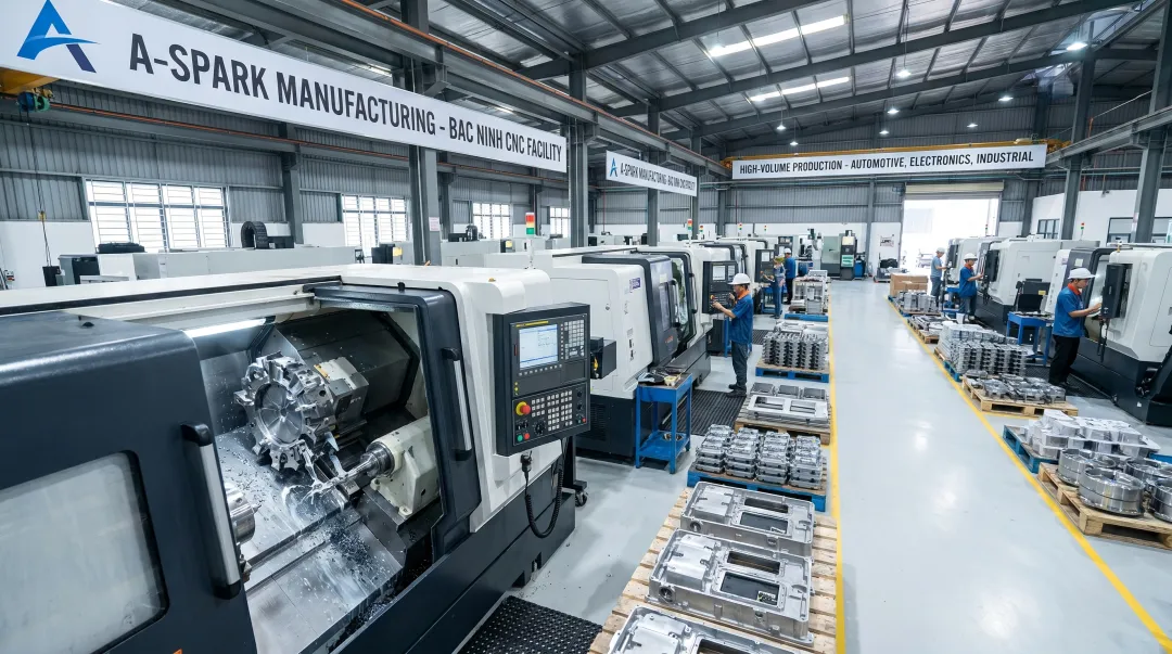 CNC turning facility production floor with multiple machines running precision components