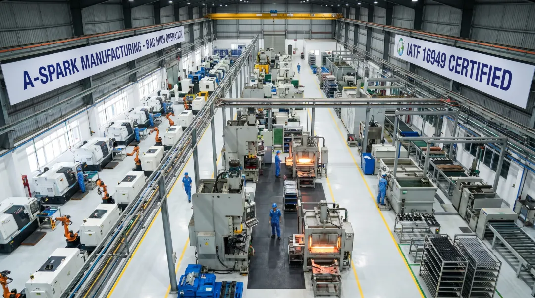 Vertically integrated manufacturing facility showing CNC turning die casting and surface treatment under one roof
