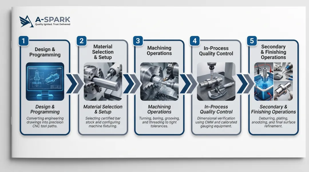 5-step CNC turning manufacturing process from design to finishing operations