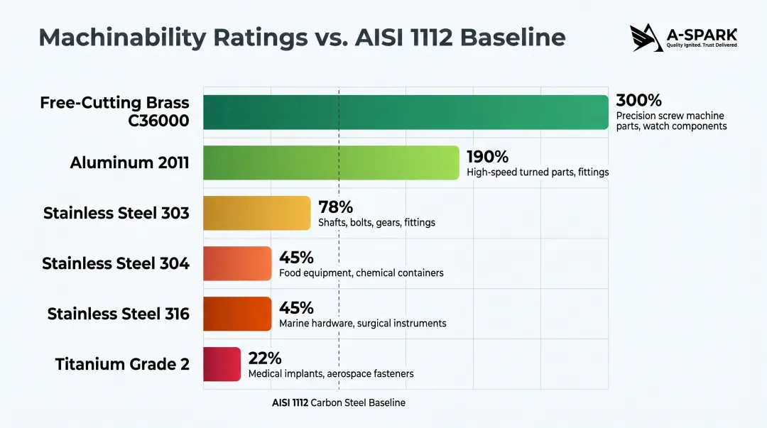 CNC turning material machinability ratings comparison chart across six common metals