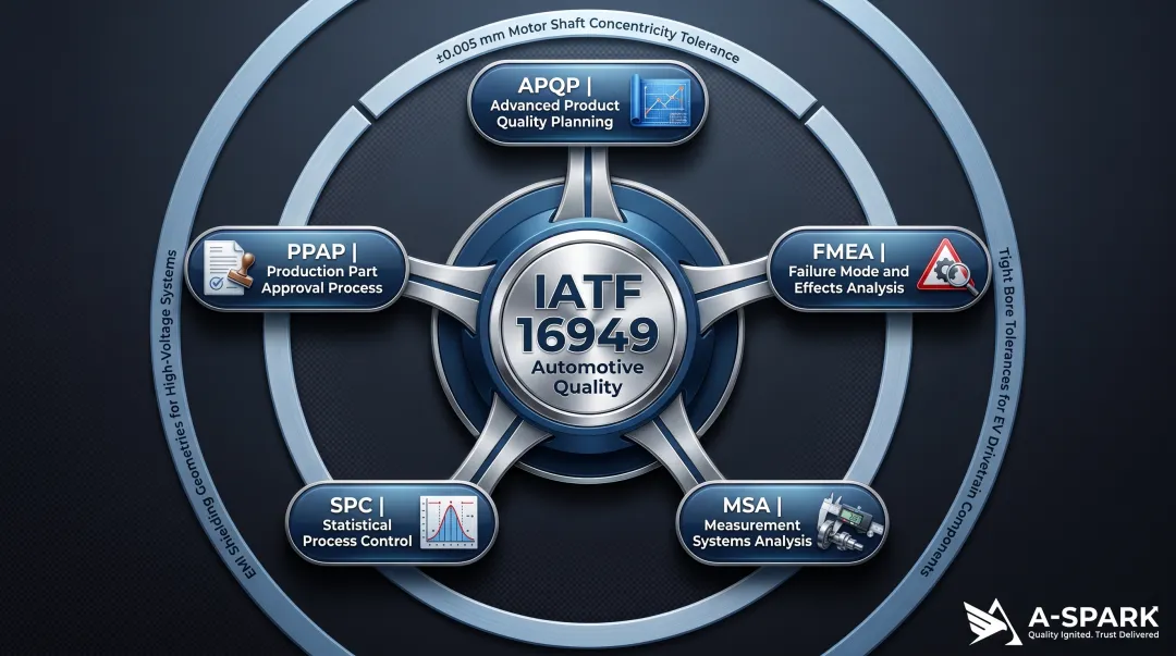 Automotive and EV CNC turning requirements showing five IATF quality disciplines