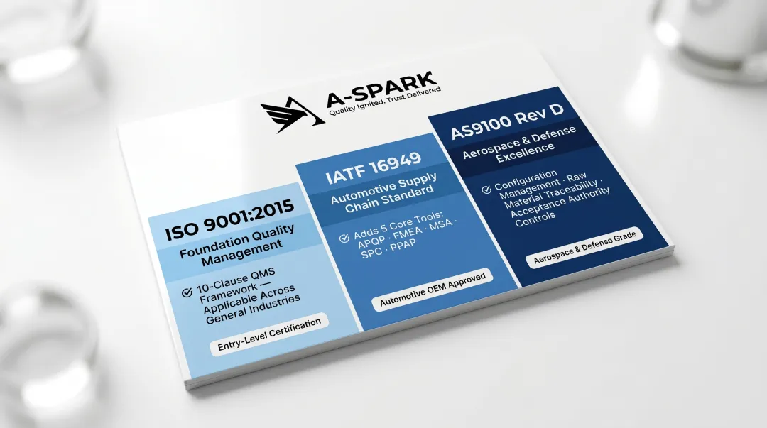 Three-tier certification comparison ISO 9001 IATF 16949 and AS9100 requirements overview