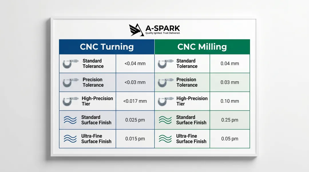 CNC turning versus milling tolerance and surface finish comparison chart