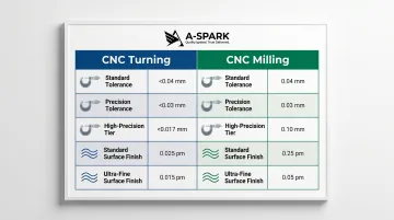 CNC turning versus milling tolerance and surface finish comparison chart