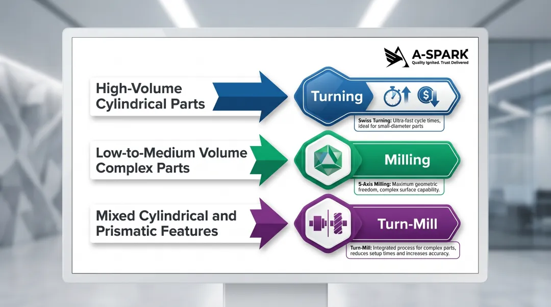 CNC turning versus milling process selection decision guide by volume and geometry