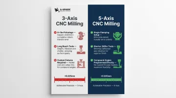 3-axis versus 5-axis CNC milling comparison table showing tolerance and setup advantages