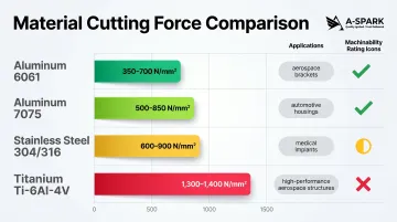 CNC milling material comparison chart showing cutting forces machinability and key applications