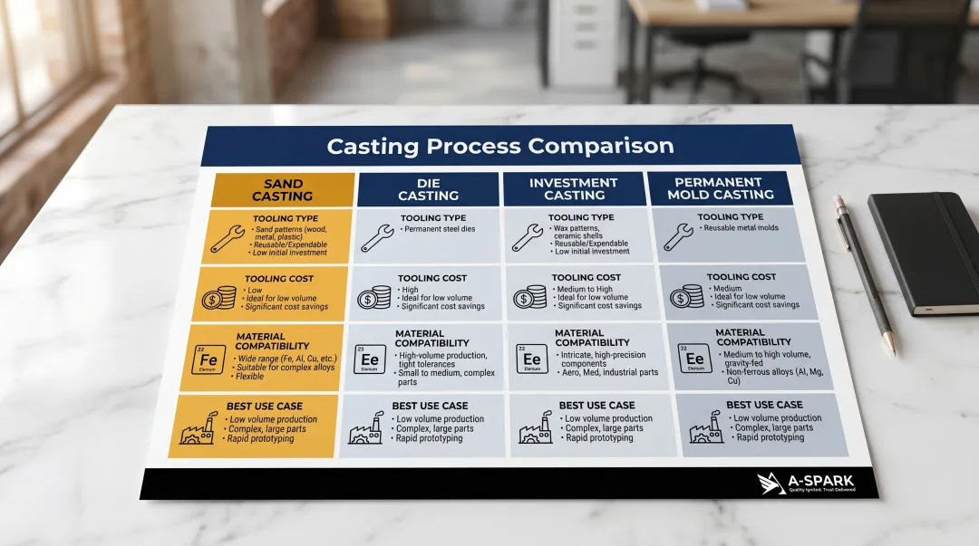 Sand casting versus die casting versus investment casting process comparison infographic