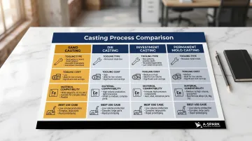 Sand casting versus die casting versus investment casting process comparison infographic