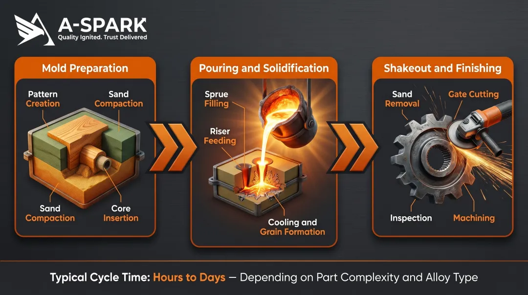 Three-stage sand casting process flow from mold preparation to finishing operations