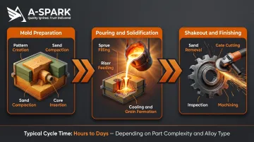 Three-stage sand casting process flow from mold preparation to finishing operations