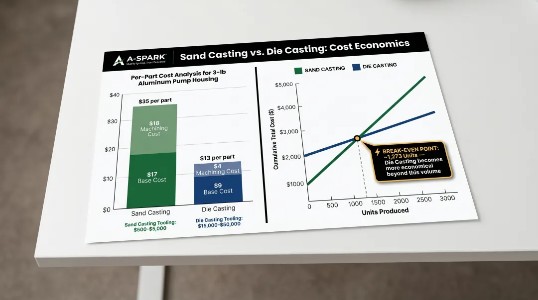 Sand casting versus die casting total cost per part break-even volume comparison chart