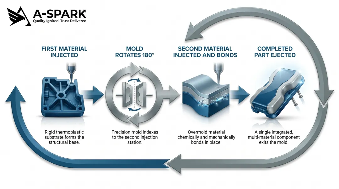 4-step two-shot injection molding process cycle flow diagram