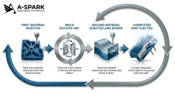 4-step two-shot injection molding process cycle flow diagram