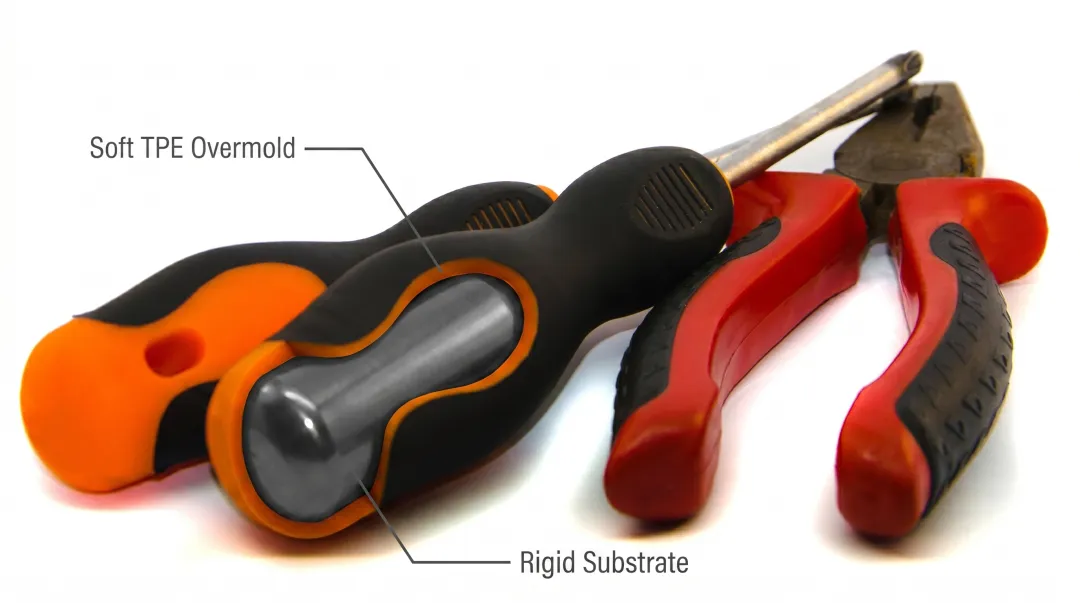 Overmolded consumer product handles showing soft-touch grip layer over rigid substrate