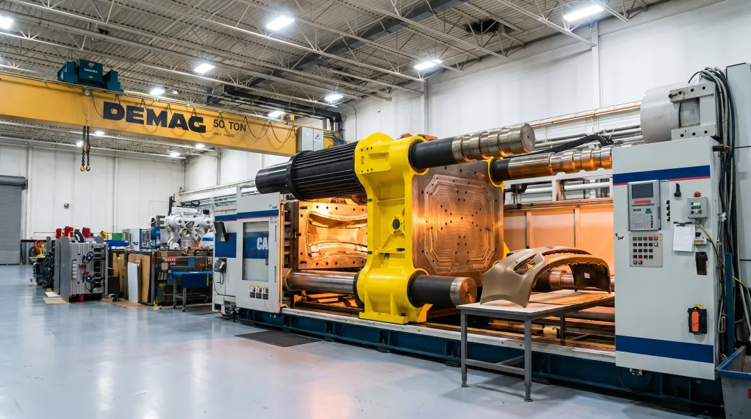 Large-scale automotive injection molding press producing exterior bumper components