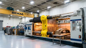 Large-scale automotive injection molding press producing exterior bumper components