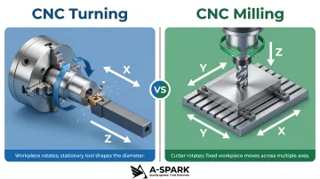 CNC turning versus CNC milling fundamental motion difference side-by-side comparison
