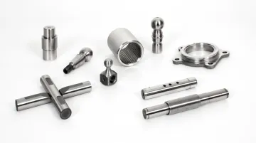 Precision CNC turned parts including shafts bushings flanges and pins on display