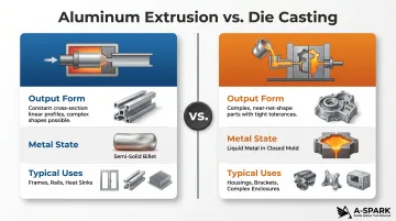 Aluminum extrusion versus die casting side-by-side process comparison infographic