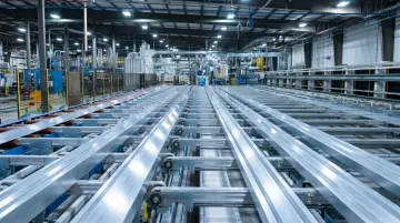 Aluminum extrusion runout table with profiles being cooled and stretched after pressing