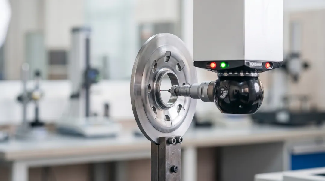 Calibrated CMM coordinate measuring machine inspecting precision manufactured metal part
