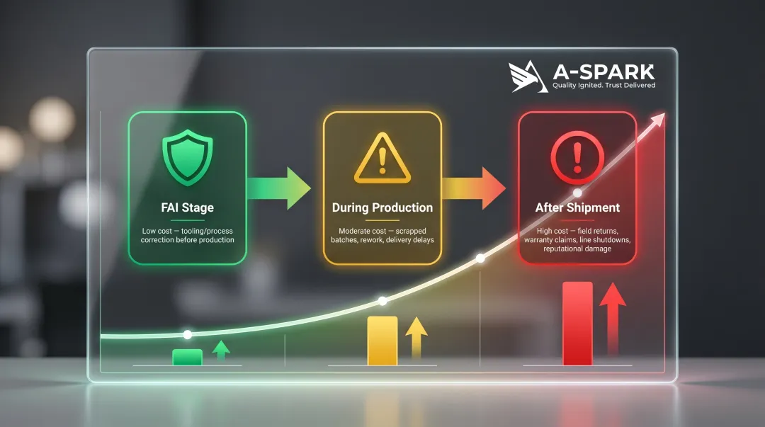 Three-stage defect detection cost comparison from FAI to post-shipment failure
