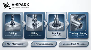 CNC machining secondary operations process showing drilling milling tapping and turning steps