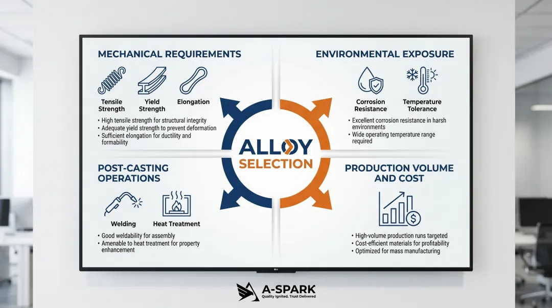 Four-factor aluminum HPDC alloy selection framework decision guide infographic