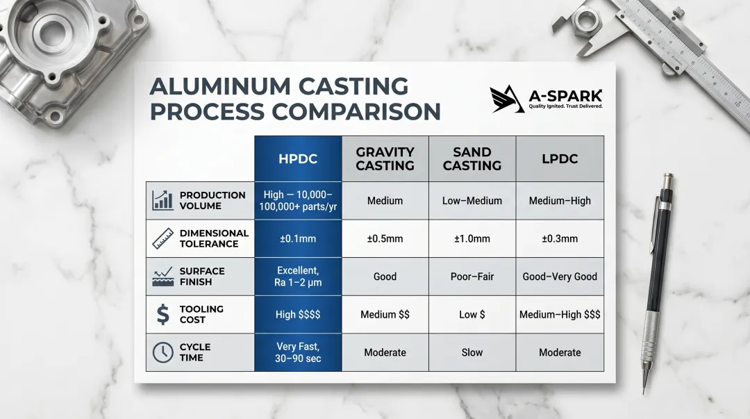 HPDC versus gravity casting sand casting and LPDC process comparison chart