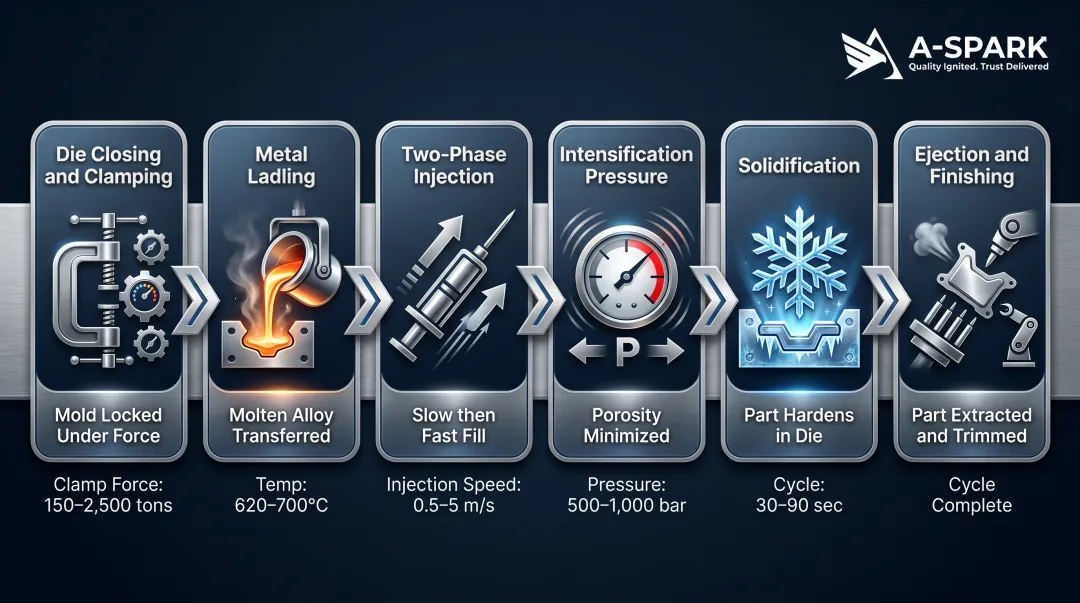 Six-phase HPDC aluminum die casting production cycle process flow diagram