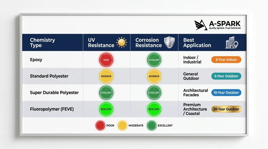 Powder coating chemistry comparison table UV corrosion resistance by application type